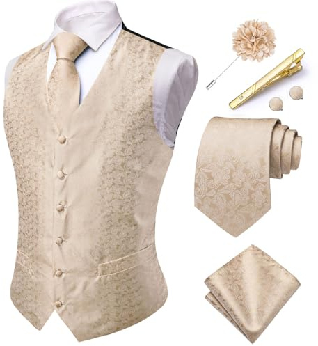 Hi-Tie Herren Paisley Anzugweste, formelle Jacquard-Seide, Weste und Krawatte, Reversnadel, Einstecktuch, Set für Hochzeit, Smoking