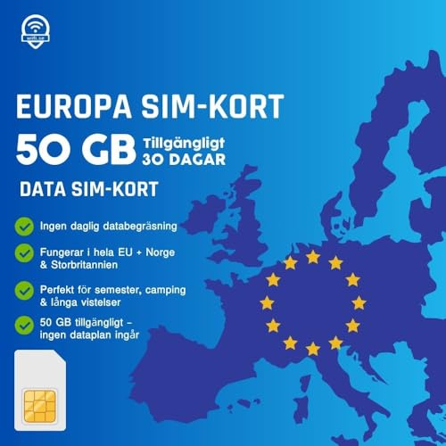 Roaming SIM kort för UK & Europa 5G med stor datamängd. Aktivera vid behov, fungerar i EU, Storbritannien och Norge. 2 SIM-kort ingår, inga dagliga datagränser. Dataplan ingår ej.