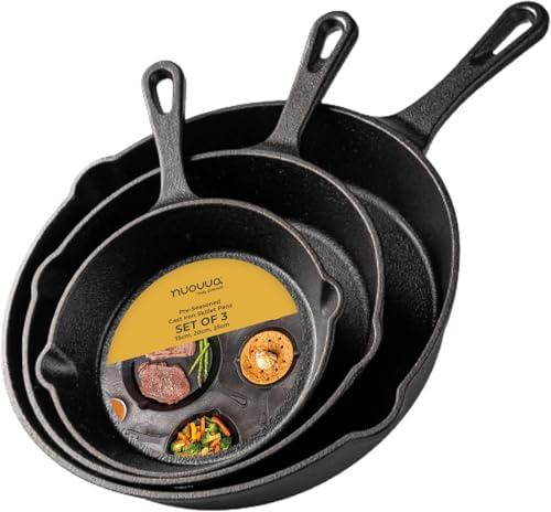 nuovva Pre-Seasoned Cast Iron Skillet Frying Pan Set Oven Safe Cookware for Indoor & Outdoor Use - Grill, Stovetop, PFOA & PTFE Free (3-Piece Chef Set 6-Inch 15cm, 8-Inch 20cm, 10-Inch 25cm)