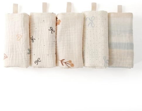 OIXEYA Pack de 5 Muselinas Bebé Algodón, Toallas de Gasa Suaves y Absorbentes para Recién Nacidos, Gasas Bebé Multiusos para Lactancia, Limpieza y Eructos, Paños de Muselina 30x30 cm, Azul Niebla