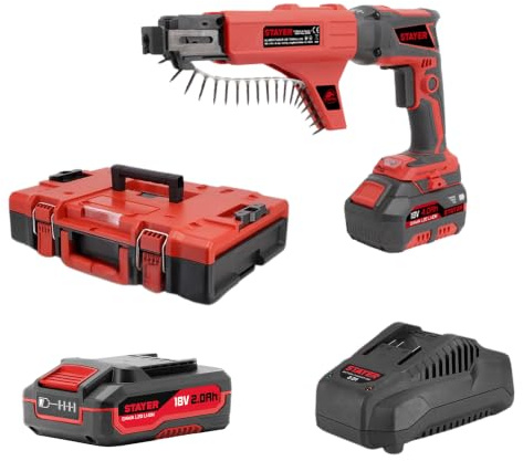 Visseuse à plaques de plâtre sans fil 18V Stayer DWS L20 – Kit avec batterie 2.0Ah, chargeur et mallette – 4400 tr/min – Accessoire alimentation vis – profondeur 25-55mm – Frein électronique – LED