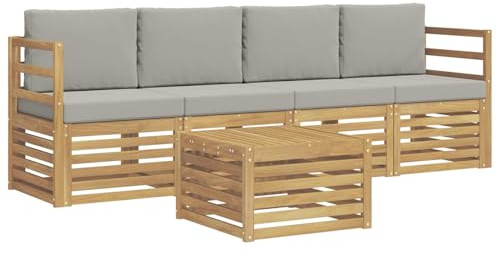 QJBSAVVA 5-Teiliges Gartenmöbel-Set aus Akazienholz, Outdoor Sofagarnitur mit Sitz- und Rückenkissen in Weiß und Hellgrau, Modular Lounge-Set für Garten, Terrasse und Balkon