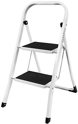 Escabeau 2 marches en acier très résistant - Pieds antidérapants - Design pliable facile à ranger - Idéal pour la maison/la cuisine/le garage - Capacité maximale de 150 kg