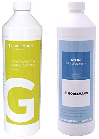Set GODELMANN Steinimprägnierung + Zementschleier- & Ausblüh-Entferner | imprägniert Pflaster aus Beton und entfernt Zementschleier, Zementreste & Kalkablagerungen | 2 x 1,0 l