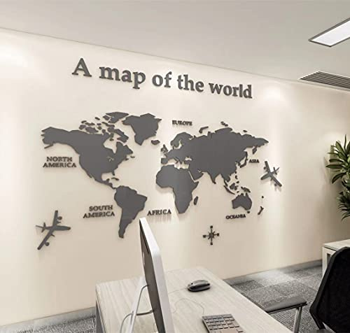 Pegatinas de Pared 3D DIY Mapa del Mundo Pegatina Pared Murales Stickers Mapa Adhesivo Decorativo de Pared para Salón, Dormitorio, Habitación （Gris - M:120x60cm）