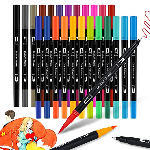Dual Brush Pen Set:Filzstifte 24 Farben Pinselstifte Marker Fineliner Set Aquarell Farben Für Bullet Journal,Malbücher,Handlettering, Manga Kalligraphie stifte Malstifte Für Kinder und Erwachsene