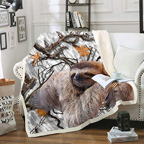 Tbrand Faultier Decke 150x200cm Woodland Botanisch Wohndecke Karikatur Braunes Faultier Kuscheldecke Grüne Blattbaumzweige Dekor Flanell Fleecedecke für Couch