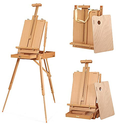 VISWIN Tragbare Plein-Air Staffelei, Faltbare Buchenholz Tisch- oder Bodenstaffelei Groß mit Schultergurt, Leinwand Ständer für Malen, Künstler, Erwachsene mit Nivellierinstrument & Skalenbein