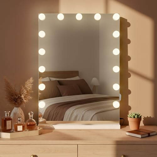 CLP Espejo de Maquillaje Murrieta | Espejo cosmético con Puerto USB | Iluminación LED Regulable | Espejo Hollywood con 3 Modos, Color:Blanco