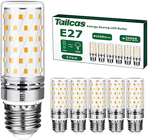 Tailcas E27 LED Warmweiss Birne, 3000K 1000LM 12W E27 Lampe, Ersatz für 100W Glühlampe, Nicht Dimmbar Kein Flackern Energiesparlampe, AC 220-240V Edison Schraube Kerze Leuchtmittel (6er-Pack)