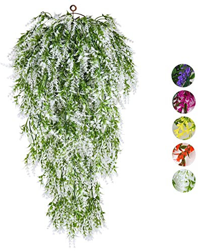 RECUTMS Hängende Blumen, Lavendel, UV-beständig, künstliche Pflanzen für drinnen und draußen, Garten, Veranda, Fensterkasten, Zuhause, Hochzeit, Bauernhaus, Dekoration, 4 Stück (weiß)