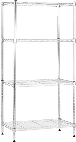 Amazon Basics 4-Shelf Narrow Storage Unit With Height Adjustable Shelves & Levelling Feet, 363kg Max Weight, Chrome, 34 D x 58.9 W x 121.9 H cm