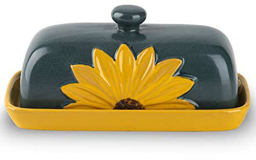 Butter Dish With Lid For Countertop Ceramic Butter Keeper Sunflower Butter Container Butter Holder Tray Large Covered Farmhouse