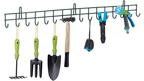 Relaxdays Gerätehalter für Gartengeräte, 16 Haken, bis 80 kg, Geräte Wandhalterung, HBT: 12x100x5 cm, Geräteleiste, grün
