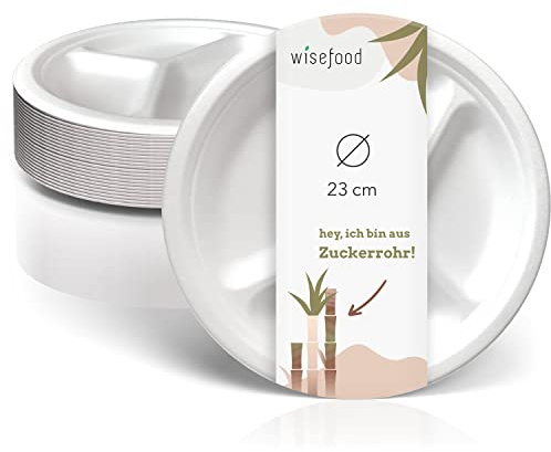 wisefood Plato de bagazo, caña de azúcar, 3 compartimentos, plato desechable, rectangular, diámetro de 23 cm, ideal como plato de fiesta o plato de menú, vajilla de caña de azúcar biodegradable (100)