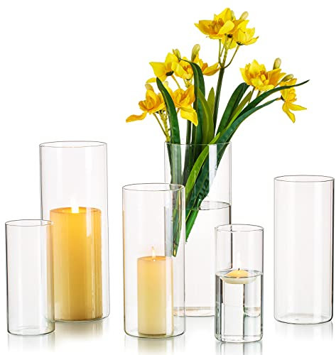 Hewory Vasen Set Glasvase Zylinder: 6er Glasvasen für Tischdeko Hochzeit, Groß Vase Glas kerzengläser Windlicht Glas, Kerzenhalter Zylindervasen Set für Wohnzimmer Deko Hochzeitsdeko, 10/15/20cm