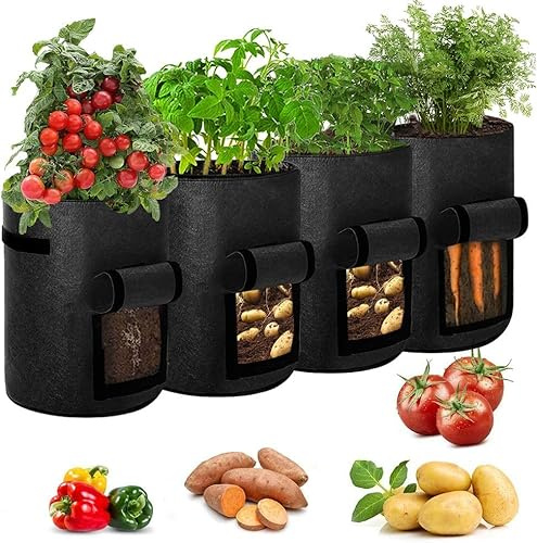 Labstandard Kartoffel Pflanzsack 10 Gallonen 45L Kartoffeln 4 Stück Kartoffelsack zum Pflanzen Tomaten Pflanzsäcke für Kartoffeln Gemüse Garten Außenbehälter mit Griffen Erntefenster (Schwarz)