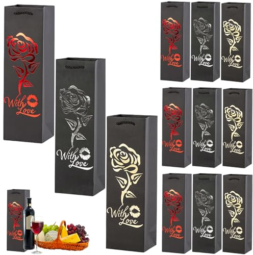 12 Stück Wein Geschenktasche, Schwarz Weinflaschenbeutel aus Kraftpapier, Flaschentüten Geschenktüten für Wein mit Griff, Kraft Wein Organizer für Weihnachten, Hochzeit, Geburtstag Party Geschenktüten
