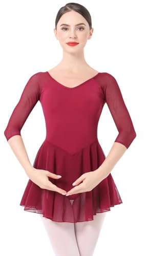 Odizli Ballettkleidung Damen 3/4 Ärmel U Rücken Ballett Trikot Body Bodysuit Tanzbody Tanztrikot Turnanzug Ballerina Gymnastikanzug Chiffon Tütü Ballettrock Ballettkleid Rot L