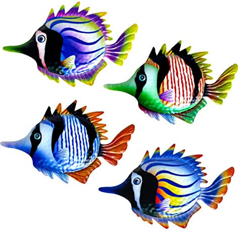 4 Stück Metall Fisch Wanddekoration,Tropische Fisch Figur Wandkunst Wandbild Meerestiere Fisch Skulpturen Hängende Dekoration Fische Skulptur für Garten Hof Wohnzimmer Party Wanddeko,Terrasse, Balkon