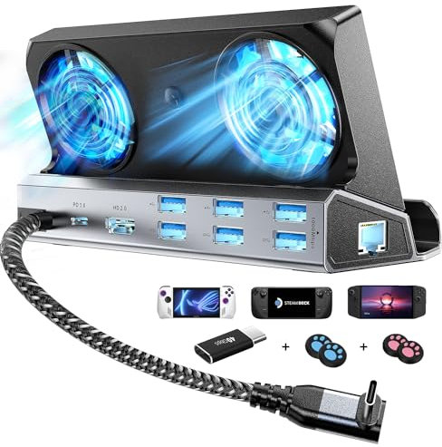 YCE - Ventiladores de refrigeración duales 9 en 1, estación de acoplamiento de cubierta de vapor con HDMI 2.0, 6 puertos USB, RJ45 1000 Mbps, USB-C 100 W PD, adaptador de 40 Gbps para Steam Deck/Rog