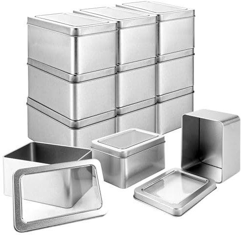 MUXHEL 12er-Set Rechteckige Metalldosen, 107 x 72 x 60mm Aufbewahrungsbox Metall Rechteckige, Metallbox Behälter mit klarem Fensterdeckel, Silber Organizer Blechdose ohne Scharniere für Bonbons