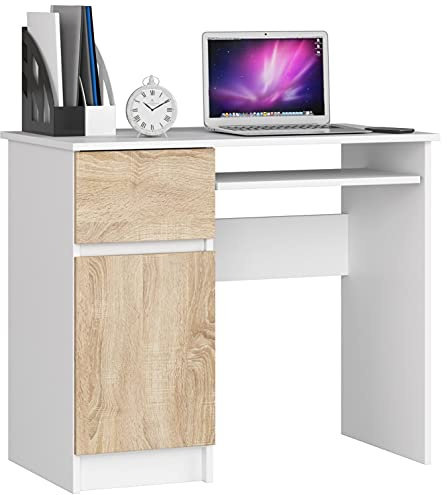 Home Collective Tavolo da Ufficio con Ripiano Allungabile per Tastiera, Laminato con Bordo ABS, 1 Cassetto e 1 Anta a Sinistra, 90 x 50 x 77 cm, Sonoma Bianco
