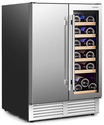 COSTWAY Dual Zone Wine Beverage Fridge, 18 Bottles & 57 Cans Double Door Bottle Cooler with Independent Temperature Control, 9 Removable Shelves& LED Lights, Auto Defrost Drinks Refrigerator