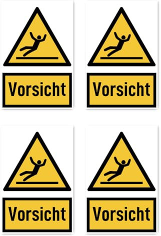 Aufkleber: 150x100 mm, 4 Stück - Signalwort Vorsicht vor Rutschgefahr - Warnzeichen mit Text (deutsch) (gelb/schwarz) - hochkant - W011 - DIN EN ISO 7010 / ASR A1.3