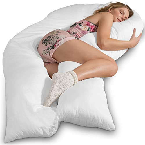 Traumreiter Visco XXL Seitenschläferkissen mit Bezug Weiß aus 96% Baumwolle 4% Elasthan, Hybrid Kissen mit 1cm Memory Foam - U förmiges Schwangerschaftskissen