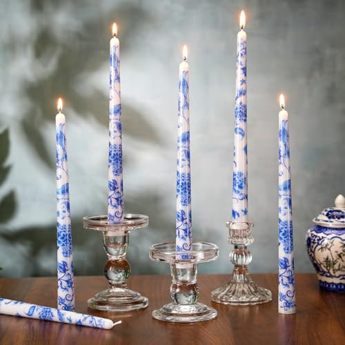 Threlaco 9.8 Long Taper Chinoiserie Porcelain Candlesticks Dripless Bridal Wedding Shower Candle Blue White Decorations Unscented Taper Candles for Party Gift Home Decor