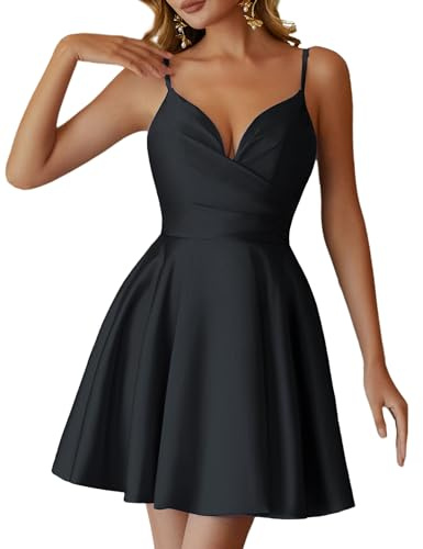 Lecureler Satin Spaghetti Strap Short Prom Dress Black Size 6