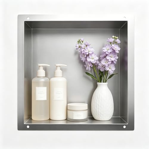 Bernkot Wandnische Dusche Edelstahl, wasserdichte Nische mit LED-Licht | Eingebettete Duschnische 30x30x10cm, Einzelbett Duschnische, Eingebettete Lagerung im Duschraum, gebürstet