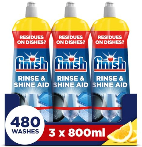 Finish Dishwasher Rinse & Shine Aid, Lemon, 2.4L (800ml x 3 pck), Ultimate Clean & Diamond Shine, Glass Protection, Spot Prevention, Better Drying vs Finish Detergent Alone