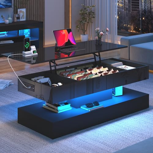 47.2 Large Lift Top Coffee Table,Modern High Glossy LED Coffee Tables for Living Room with Storage,Black Living Room Tables for Living Rooms,Dining Room,Bedroom Home Office,APP LED Lights（Black）