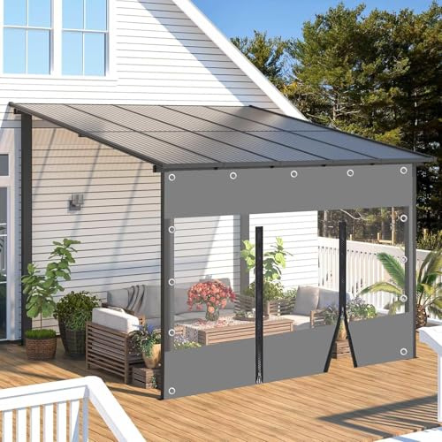 Cortina De Lona Transparente Gris,Con Puerta De Cremallera,Lona De Plástico Pvc,Lona Alquitranada Impermeable Paneles Laterales Para Gazebo,Cortinas De Lluvia Con Ojales,W×H-3×2.2m(9.8*7.2ft)