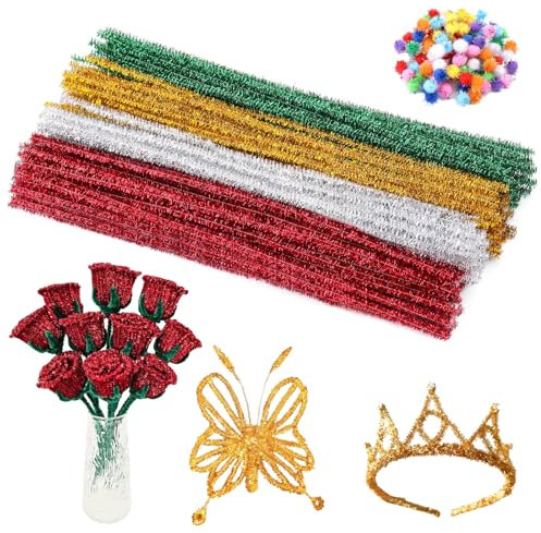 Bamru 200 Stück Pfeifenreiniger-Chenille-Stiel Mit 100 Pompons, Bastel-Pfeifenreiniger Für Kreative Weihnachtsdekorationsbedarf-Kunst- Und Bastelprojekte