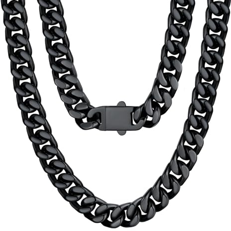 U7 Collar Hombre Acero Inoxidable de Cadena Cubana Miami Curb 12mm Cadena Negra Hombre Acero Inoxidable Gruesa Negro Hip Hop Longitud 66cm Caja de Regalo