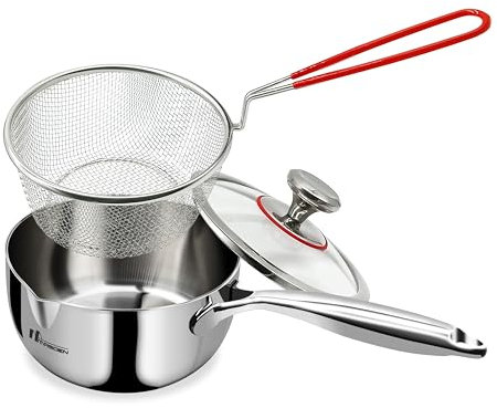 MRSOEN Pentola in acciaio inox da 2 litri con coperchio e cestello per friggere con manico ergonomico resistente al calore, pentola con beccuccio versatore, pentola multiuso – compatibile con
