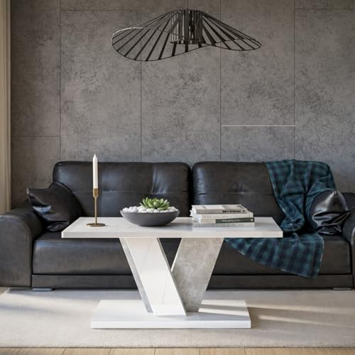 PROROOM FURNITURE NEVI MINI Moderner Couchtisch 110x70 cm Wohnzimmertisch V-Gestell Weiß Hochglanz Betonoptik