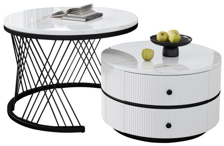 Couchtisch Rund 2er Set mit PVC Marmormuster Tischplatte und Metallrahmen, Beistelltisch-Set Satztische 2er Set, Kaffeetisch Sofatisch mit 2 Schublade für Wohnzimmer Schlafzimmer (Weiß+schwarz -75Z)