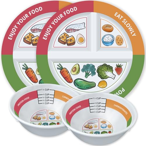 VIYNRAN 4 Pcs Portion Control Plates & Bowls Set (9 Inch), Self-Measuring for Weight Loss, Gastric Bypass, LapBand, Diabetes, & Healthy Diets, Divided Nutrition Plates for Adults & Children