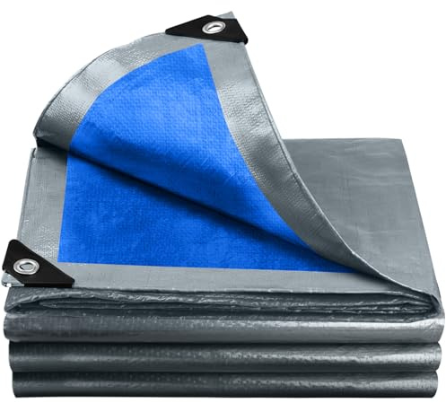 LUSCHEER Tarpaulin Cover 3m x 5m Waterproof Heavy Duty 120GSM Tarp Sheet Cover with Reinforced Grommets, Groundsheet for Multipurpose Outdoor Use, Grey & Blue