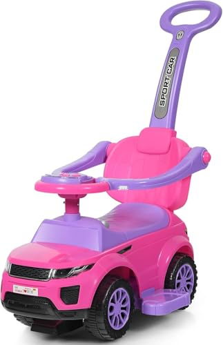 GOPLUS 3 en 1 Correpasillos para Bebés de 1-3 Años, Coche sin Pedales con Espacio de Almacenaje, Coche de Empuje Infantil con Sonido, Asa de Empuje Extraíble y Barra de Seguridad 89x43x84 cm (Rosa)