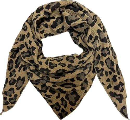 Leopard Dreieck Schal aus 100% Baumwolle Frühling Unisex Uni Fashion Stola Tuch Übergangszeit Italy Sommer Strickschal Strick Tuch Leo