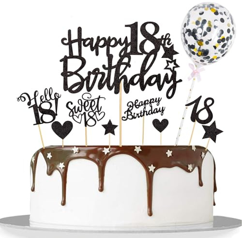 Catelves Tårtdekoration 18. Födelsedag pojke flicka, 10 st glitter tårta topper 18 födelsedagsdekoration svart, Happy 18-årsdag tårtdekoration, söt 18 tårtor dekoration, Hello 18 cupcake topper 18 år