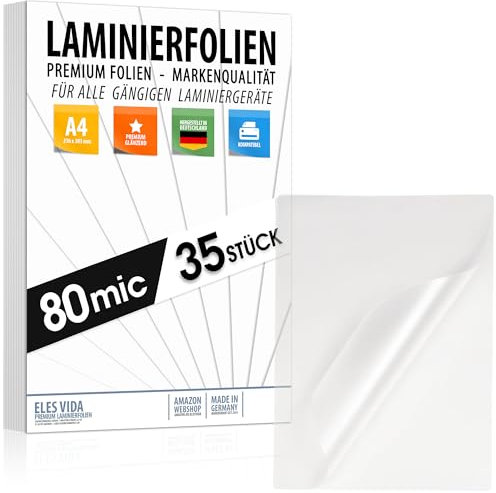 35 PREMIUM Laminierfolien in A4, 216 x 303 mm, 160mic (2x80mic), HOCHLGLANZ Oberfläche, für Fotos, Urkunden, Dokumente, Stundenpläne, Qualität - AUS DEUTSCHLAND