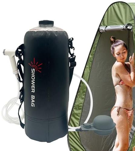 Krmoau Sac de douche pliable avec douche solaire portable pour le camping - Kit complet avec tuyau amovible et pommeau de douche interchangeable pour la randonnée, la natation et les voyages