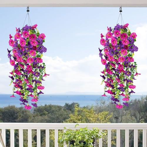 FINELYCR 2 Piezas Flores Artificiales Exterior, Plantas Artificiales Colgante, Fácil de Cuidar Flores Artificiales para la Decoración Interior y Exterior de Casas y Jardines (Balcones, Terrazas)