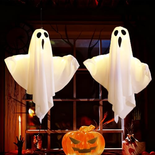 Arespark Halloween Deko Innen Outdoor, 2 Stück Hängende Geister Deko Mit LED Lichtern, 3 Modi Halloween Lichterkette Gruselig, Geist Decoration für Vorgarten, Terrasse, Rasen, Garten, Party